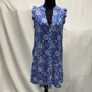 Boden Blue and White Floral Ruffle Dress